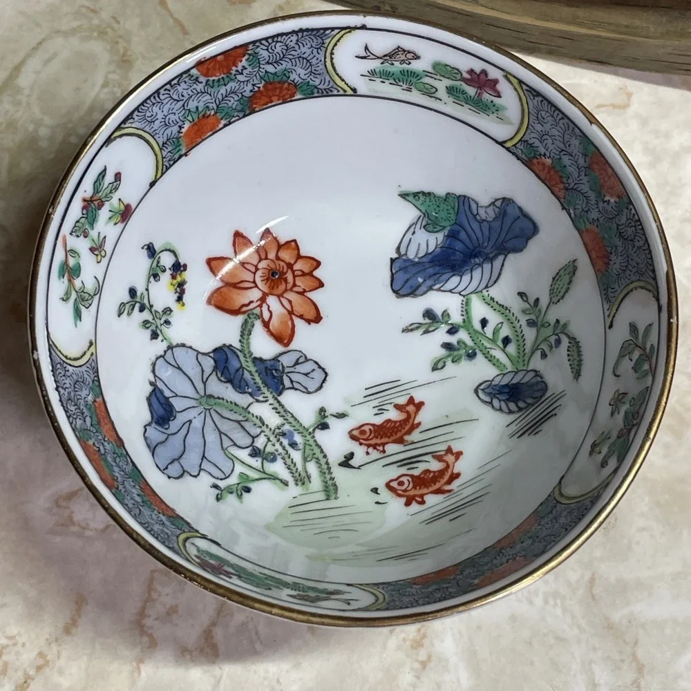 Vintage Chinese Koi Fish Ceramic Bowl - Fish Pond w/ Orange‎ Blue Flowers